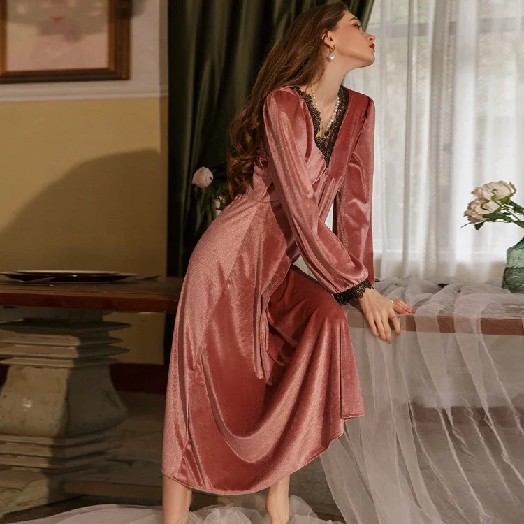 Бархатная ночная рубашка бордового цвета длинная Пижама теплая Домашняя одежда