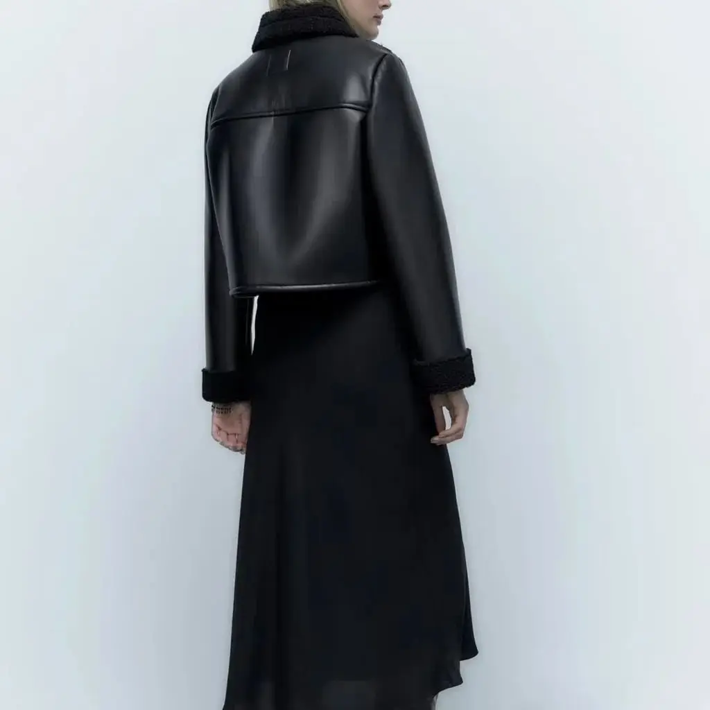 Winter Women's Black Pu Leather One Piece Fur Lapel Single Breasted Long Sleeve Short Leather Jacket Warm High Street Style