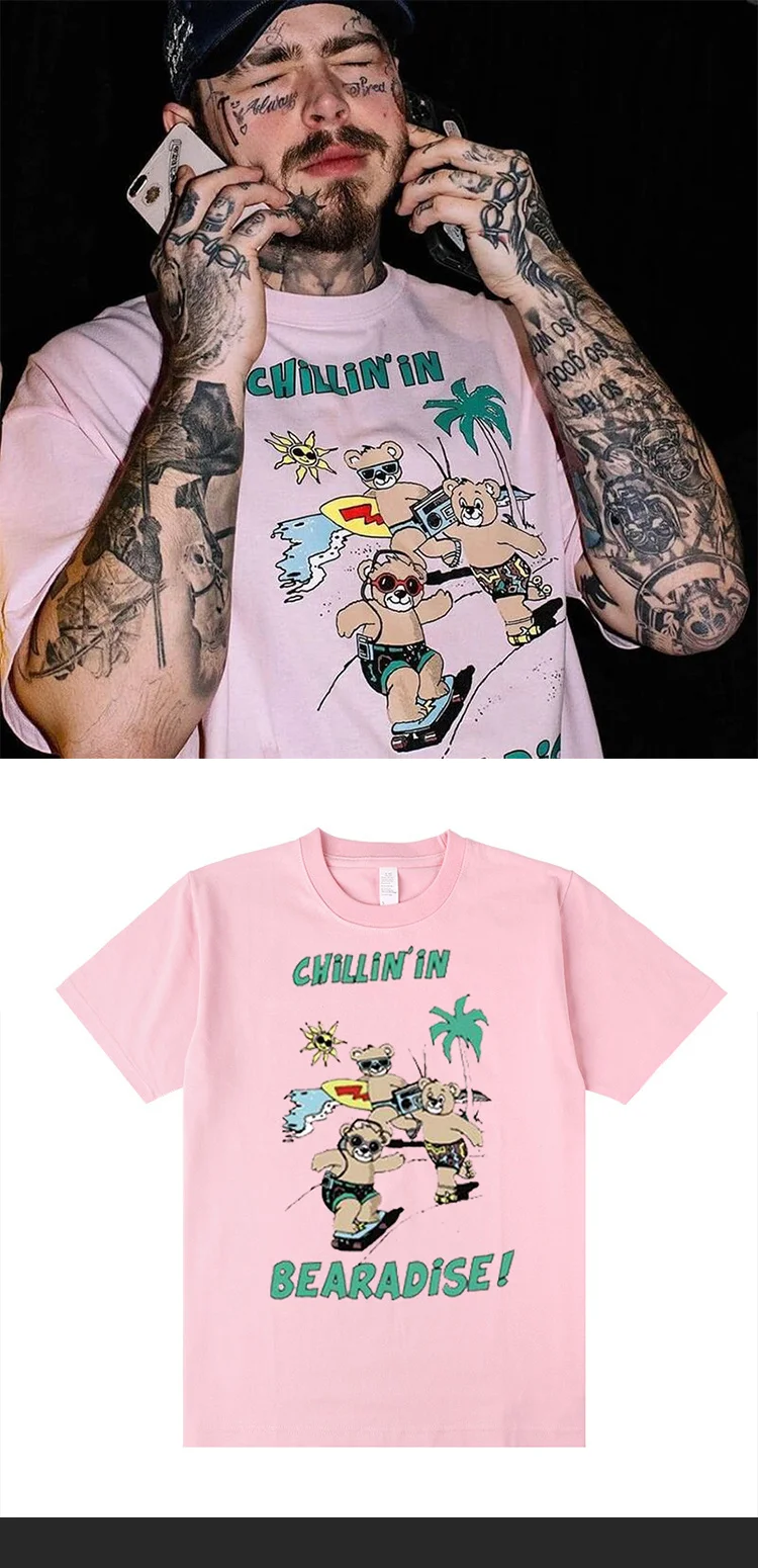 

New in Men graphic T-shirts Hip Hop Short Sleeve Loose Couple T-Shirt Harajuku Molone Same Print Bear Tshirt Men Women Tops