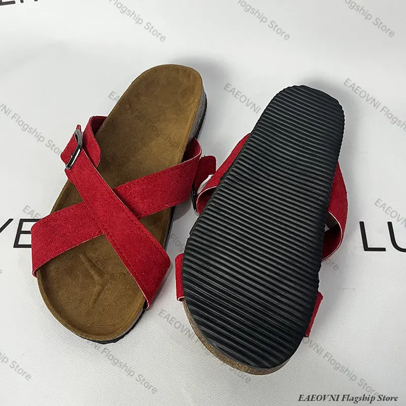 2023Summer Cross Strap Red Flat Slippers for Women Plus Size Non Slip Cork Sandals Woman Platform Beach Flip Flops Zapatos Mujer