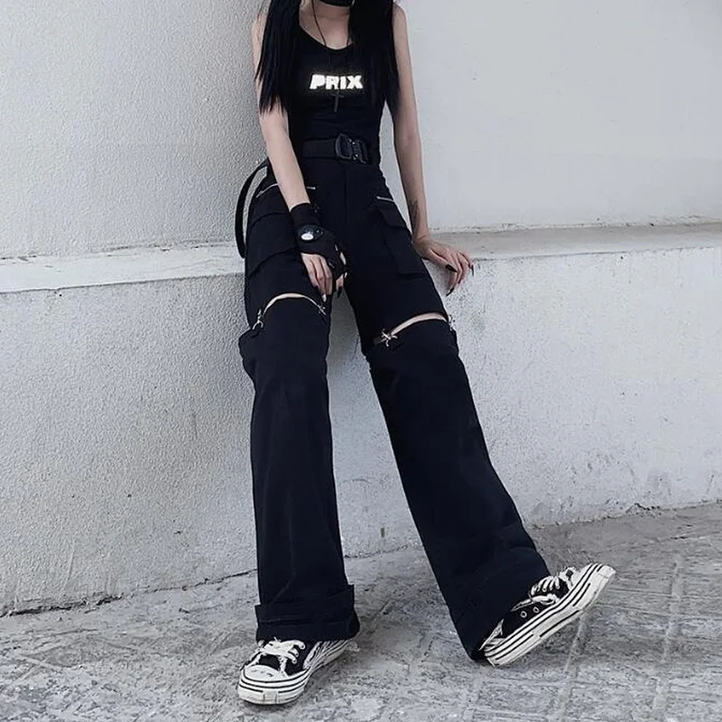 

Deeptown Gothic Techwear Emo Black Cargo Pants Women Punk Oversize Hollow Out Wide Leg Pocket Trousers for Female Goth Hip Hop