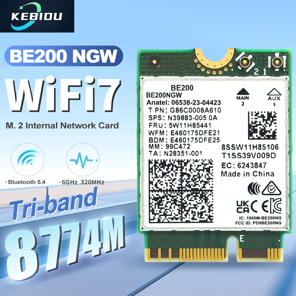 Фото Wi-Fi 7 BE200 Bluetooth5.4 Wi-Fi NGFF карта 8774 Мбит/с BE200NGW трехдиапазонный беспроводной сетевой адаптер 2,4/5/6 ГГц для ноутбука Win 10/11 №1