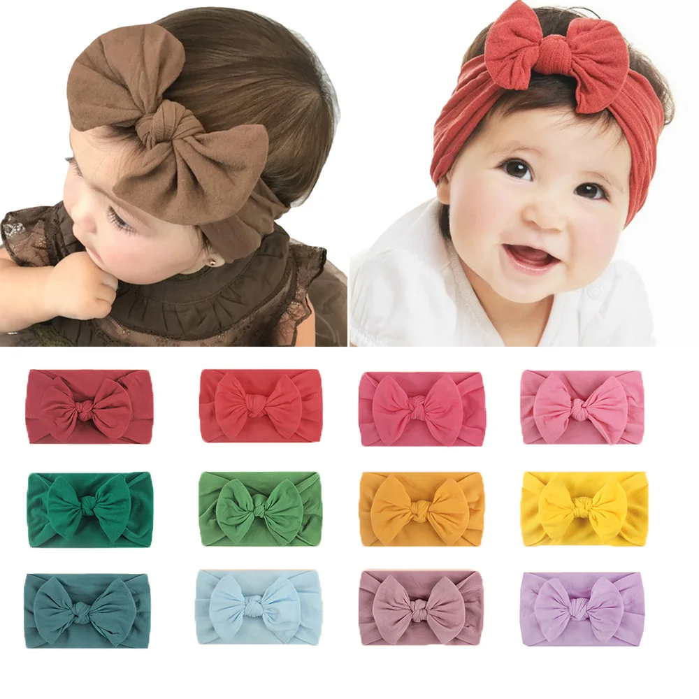 

Solid Color Soft Nylon Elastic Bows Baby Headband Knotted Newborn Baby Girl Headbands Girl Hair Accessories Baby Turban Hairband