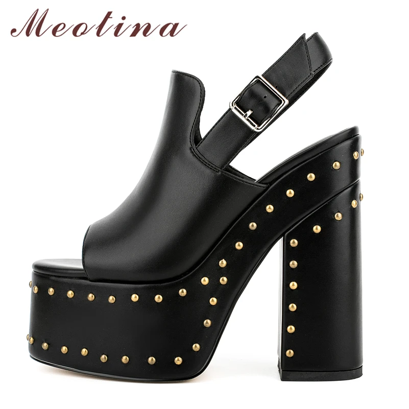 

Meotina Shoes Women Peep Toe Platform Thick Heel Sandals High Heels Buckle Rivet Slingbacks Ladies Fashion Footwear Summer Black
