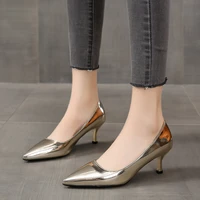 women high heels versatile fashion pointed toe shiny leather shallow mouth gold silver ladies office shoes large size 45 pumps