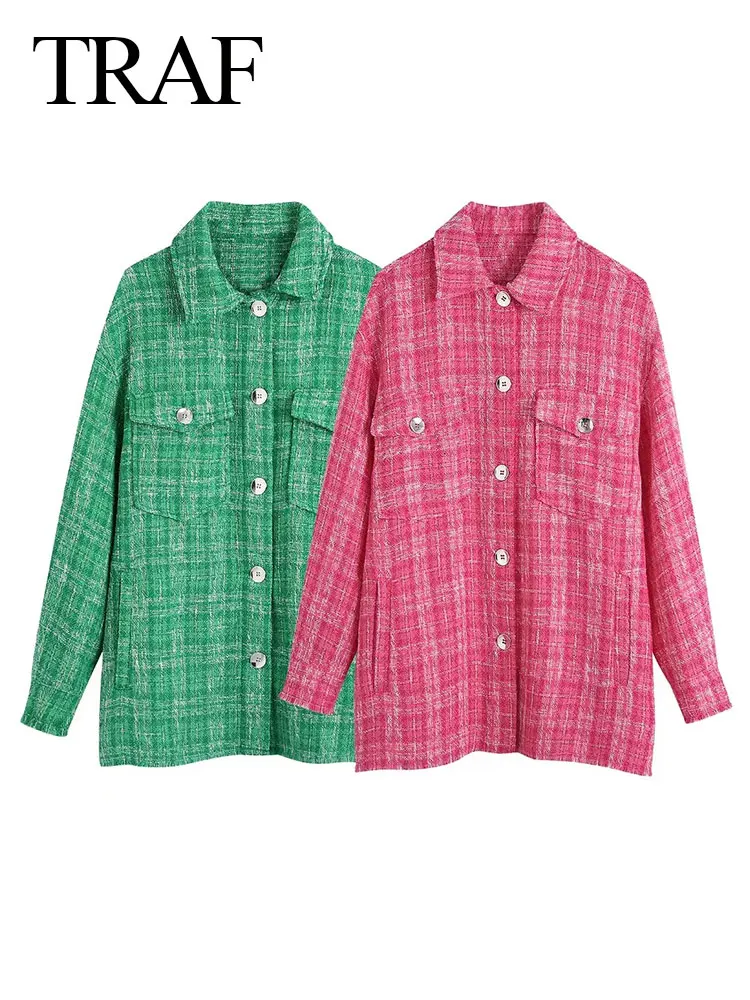 

TRAF Women's Outerwear Fashion Shirt Style Single Breasted Lapel Check Top Vintage Long Sleeve Multicolor Office Street Clothing