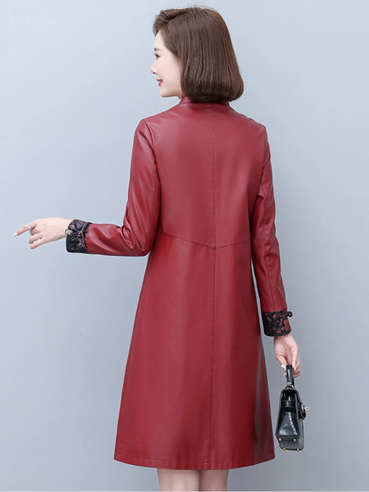New Women Sheepskin Trench Coat Spring Autumn Fashion Stand Collar Slim Leather Outerwear Long Split Leather Tops Coat Winter