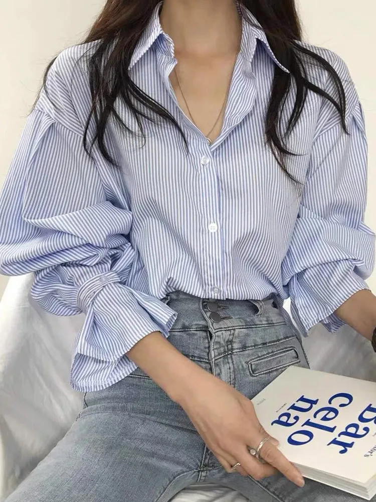 

Striped Blouse Women Shirts Turn Down Collar Loose Shirts Flare Sleeve Tops Korean Fashion Single Breasted Blouse Shirts