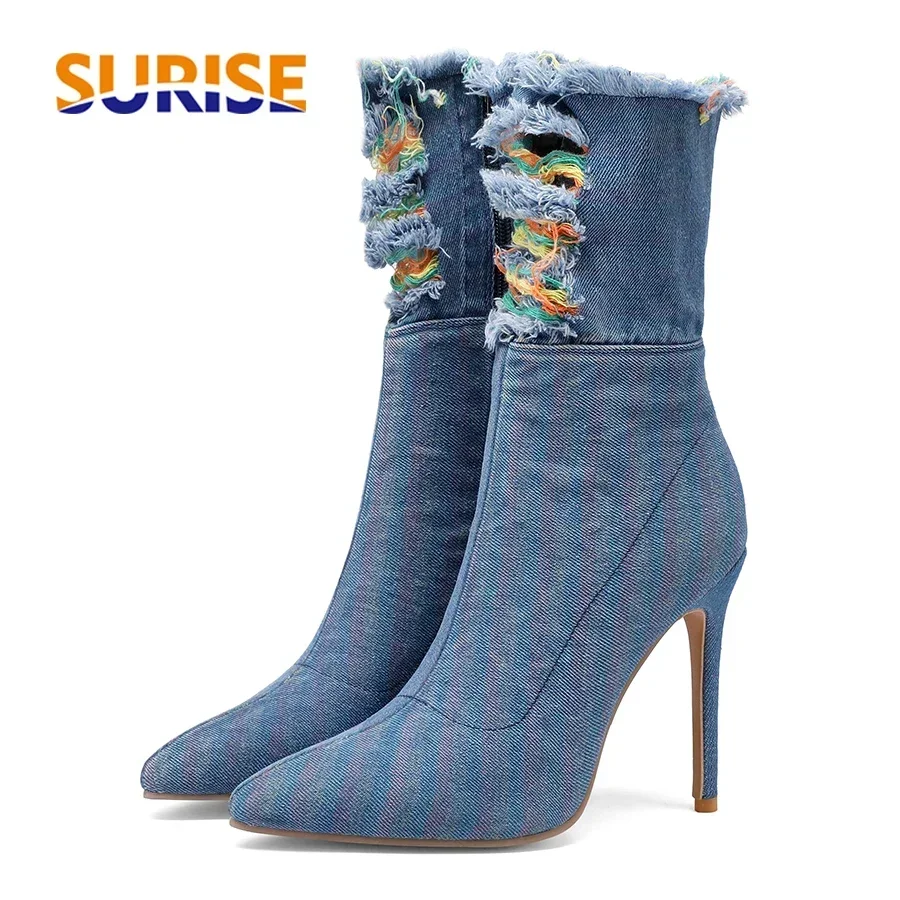 

Осенние женские ботильоны; Синие рваные джинсовые туфли на высоком тонком каблуке; Пикантные женские вечерние под платье с острым носком на молнии; Короткие ботинки на шпильке