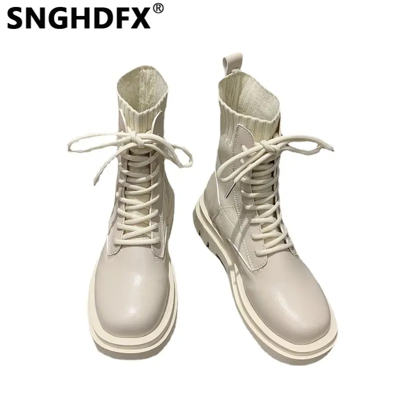 

Women Mid Calf Knitted Boots Round Toe Fashion Lace-up Lady Chelsea Platform Heels Shoes Cross-tied Female Spring Autumn Leather