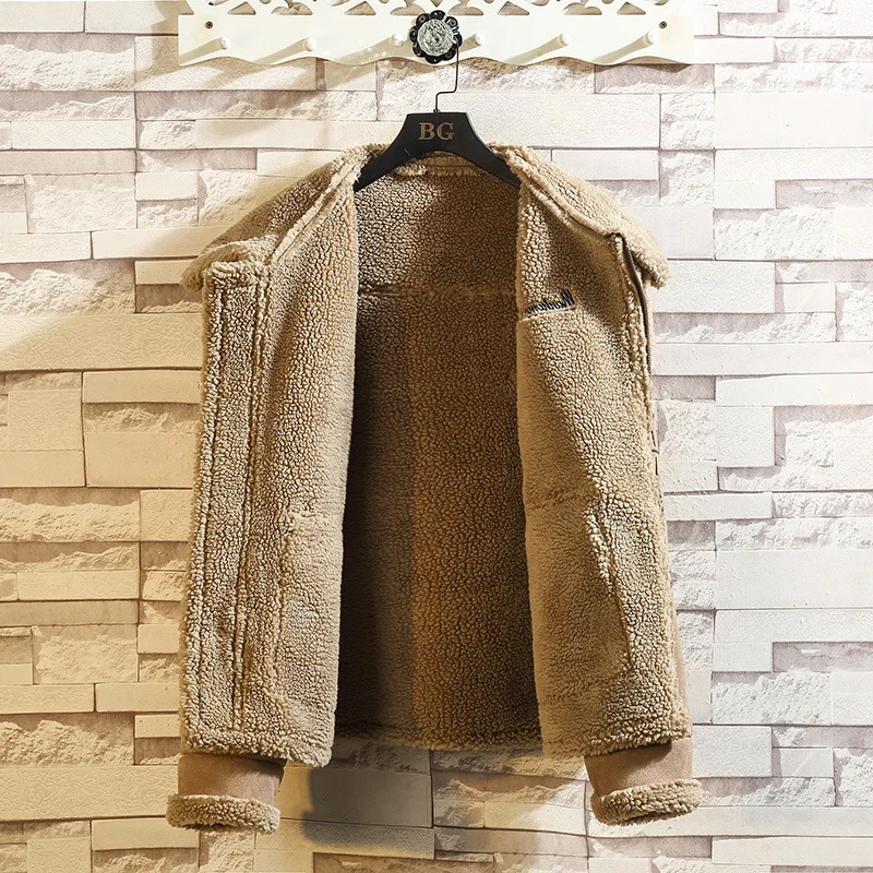 Winter Plush Warm Parkas Coat Men's Loose Cardigan Thick Coat Men's Long Sleeve Zipper Pocket Stitching Turn-down Collar Parkas