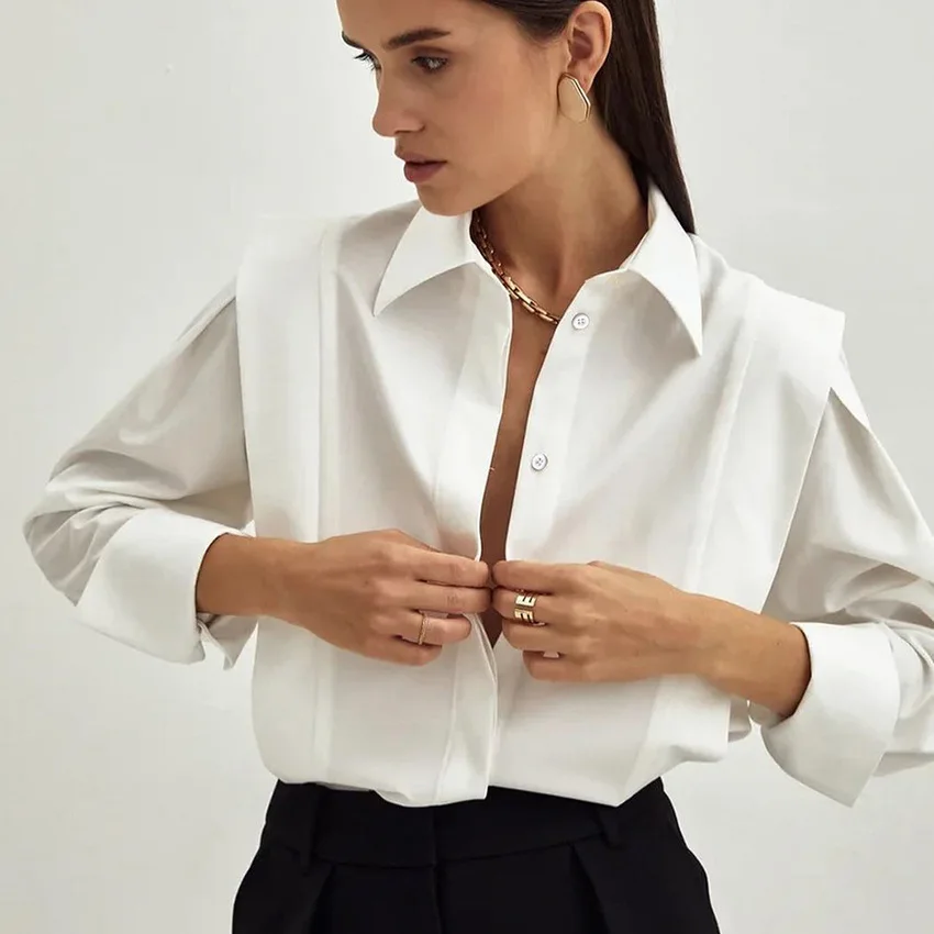 

2023 Design sense niche French commuter right shoulder slimming shirt women spring long sleeve splicing advanced sense