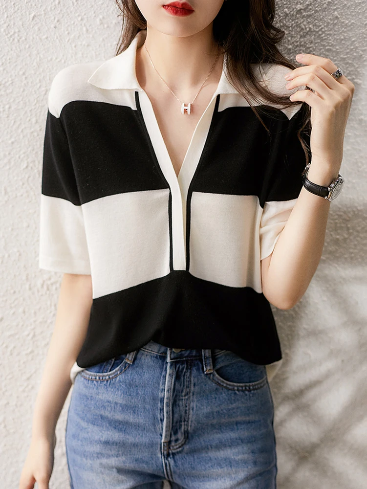 

Turn-Down Collar Short Sleeve T Shirt for Women Striped Knitted Tops Loose Tee Shirt Femme 2023 Summer Korean Womens Clothing