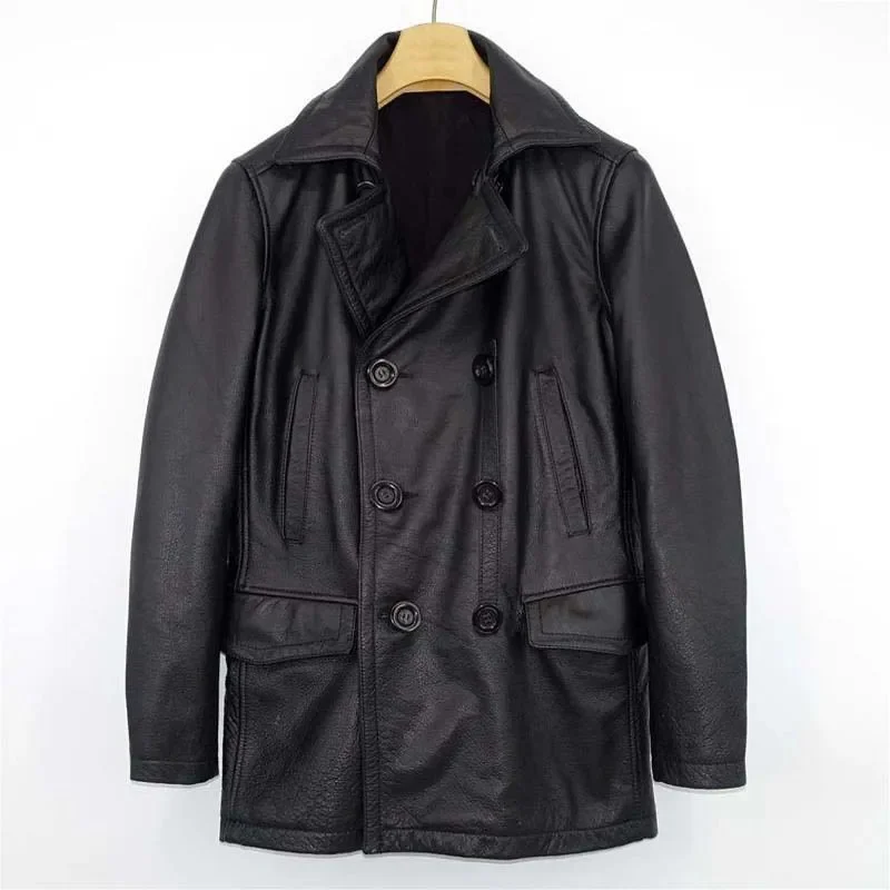 

Мужское двубортное пальто, черная Повседневная куртка из натуральной воловьей кожи, модель 2xl 3xl 4xl, 2023