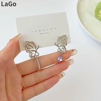 fashion jewelry s925 needle hollow butterfly earrings 2022 new trend metal silvery color crystal asymmetrical earrings for women