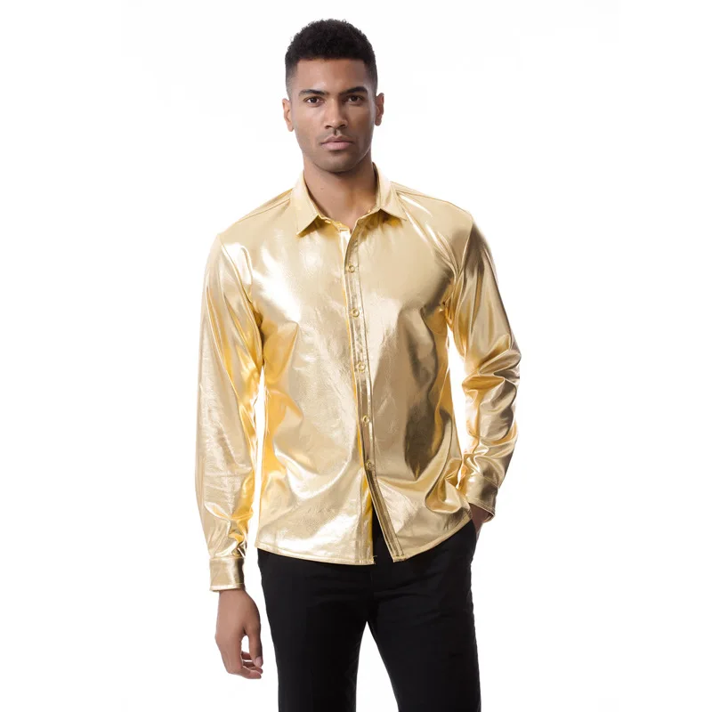 Mattswag Shiny Metallic Long Sleeve Dress Shirts High Quality Social Nightclub Men's Clothing Fashion Party Prom Chemise Homme