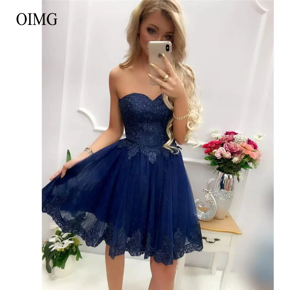 

Navy Blue Short Prom Dresses Sweetheart Lace Applique Mini Sexy Cocktail Party Dress Lace Up Back Dress Summer Robes