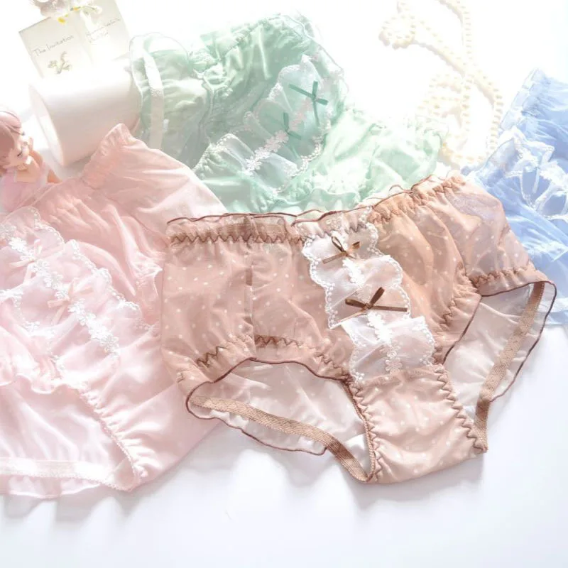 

Women Mesh Cute Lovely Sweety Sexy Lace Ruffles Underwear High Elasticity Hollow Transparent Panties Middle Waist Breifs