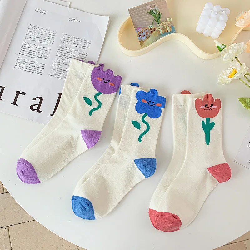 

Женские носки 10 пар, милые дышащие повседневные длинные носки средней длины в японском и корейском стиле, с мультяшными цветами, в стиле Харадзюку, для девочек
