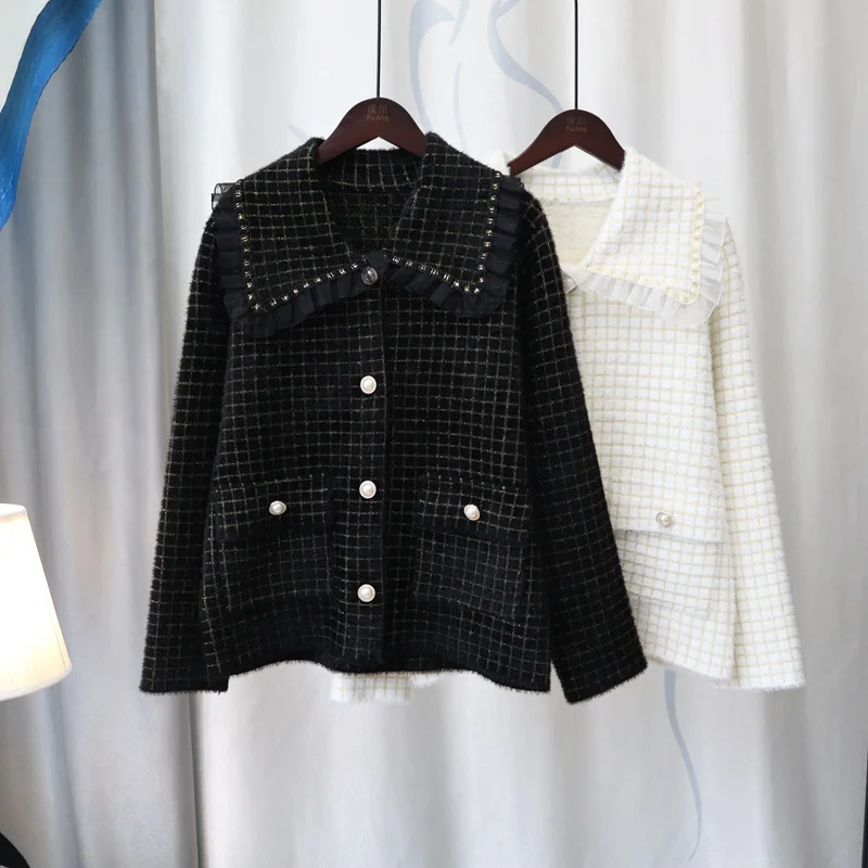 

Autumn and Winter New Korean Version Loose Doll Collar Knitted Cardigan Imitation Mink Velvet Small Fragrance Wind Sweater Coat