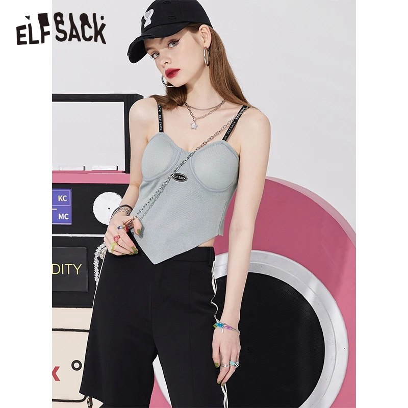 

ELFSACK Grey American Letters Strap Camisole Women Clothing 2022 Summer Striped Sleeveless Sexy Ladies Daily Camis Tops