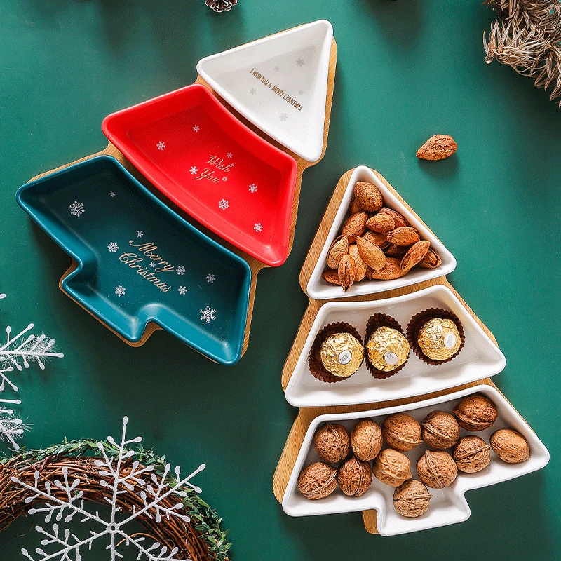 

Large 3-Grid Christmas Tree Ceramic Plates With Bamboo Tray Decorative Snack Dessert Platter Fruit Bowls Dishes Christmas Decor