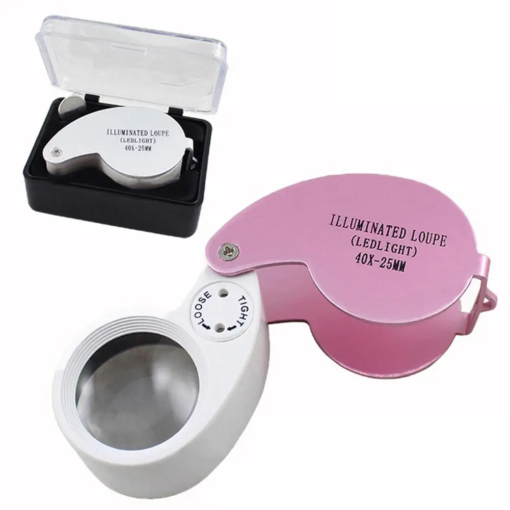 

Handheld Folding Jewelry Optical Glass Loupe Magnifier w/LED Light High-definition Optical Glass Reading Watch Repair 4x 2.5cm