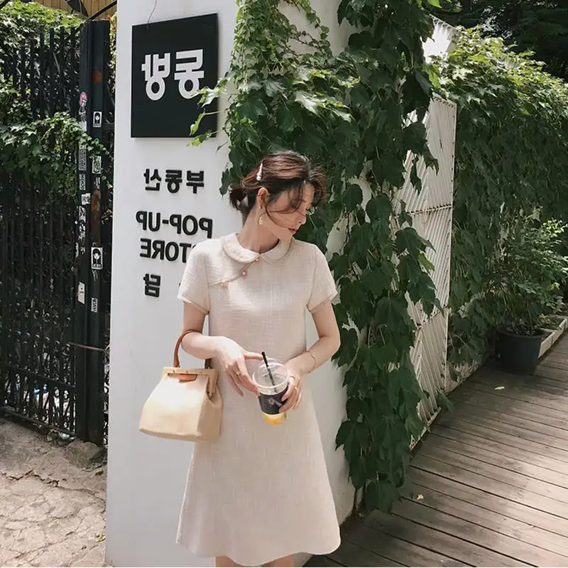 

2022 Spring and Summer New Chinese Style Retro Temperament Cheongsam Xiaoxiangfeng Waist Slim Dress Women's Clothing