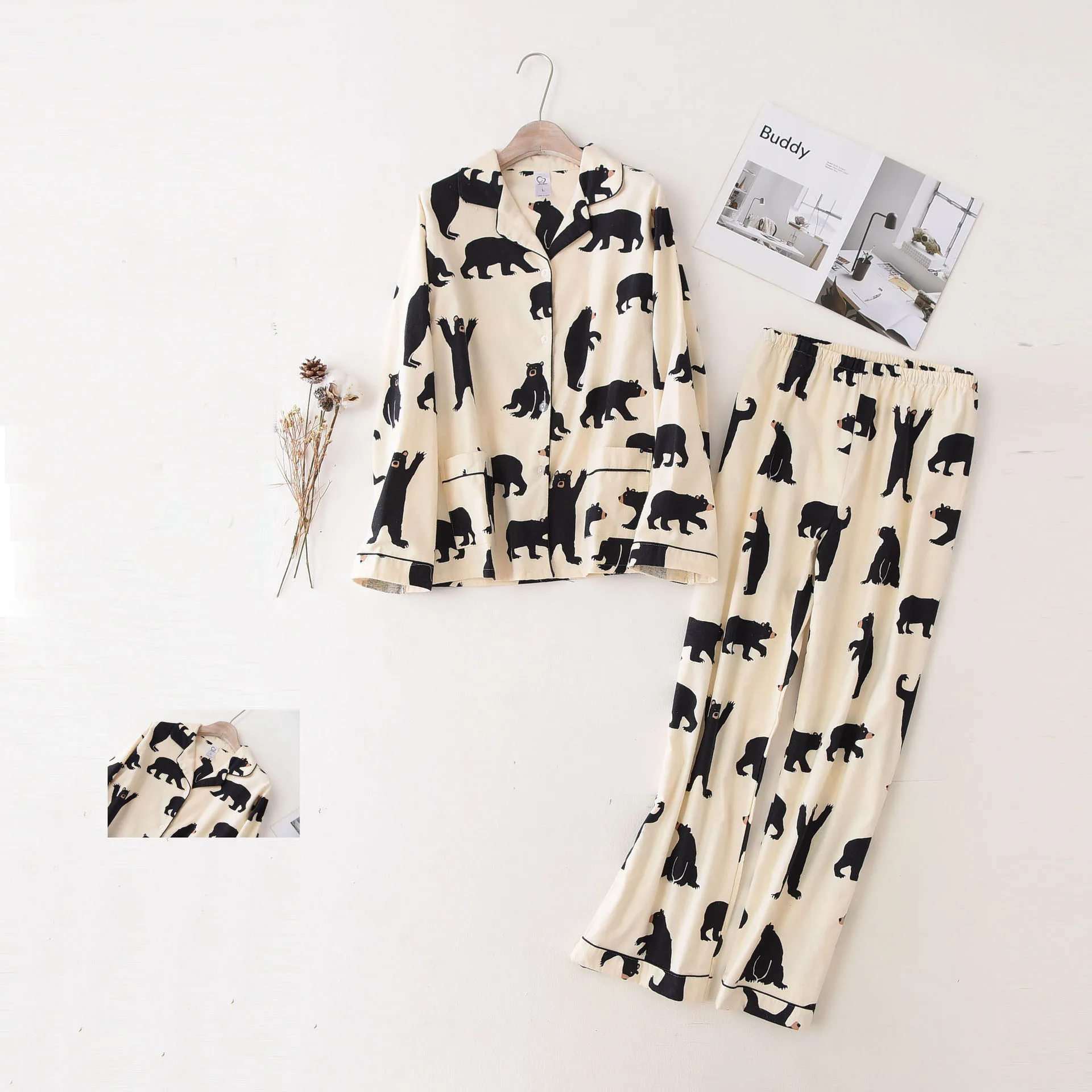 

Women's Sleepwear Spring Autumn and Winter Cartoon Pattern Sanding Home Clothes Cotton Pajamas Suit Women's Pajamas Set