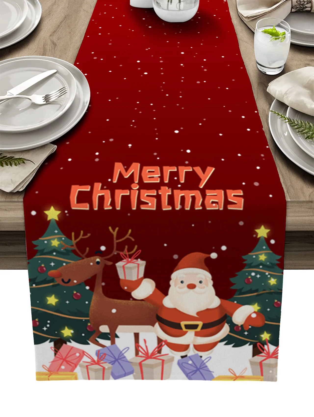 

Christmas Santa Claus Elk Gift New Year Table Runner for Dining Table Wedding Decor Tablecloth Home Party Decor Table Mats