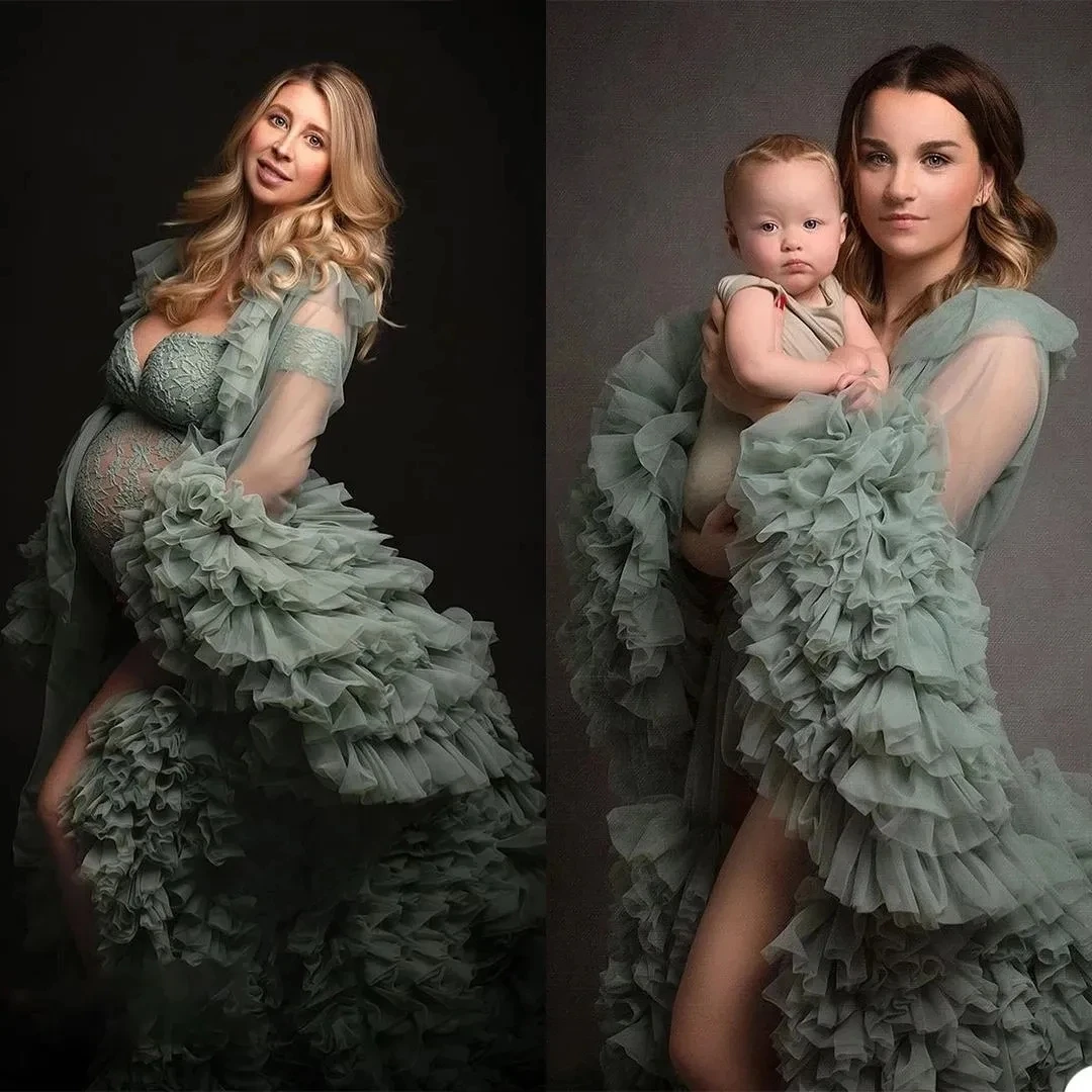 

Green Ruffles Plus Size Pregnant Prom Maternity Sleepwear Dress Pleated Tulle Nightgowns Photoshoot Lingerie Bathrobe Nightwear