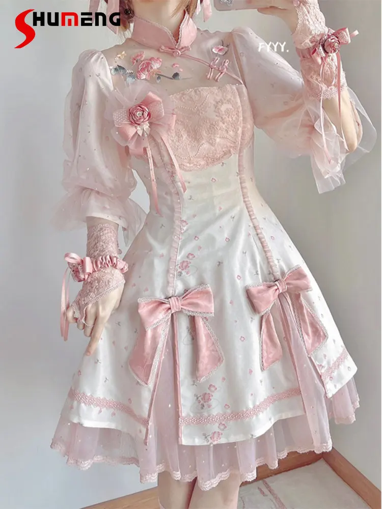 2023 New Chinese Style Lolita Bow Pink Dress for Women Summer Fairy Princess Improvement Han Chinese Clothing Cheongsam Dresses