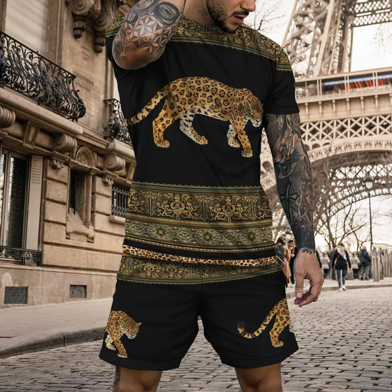 The Leopard Summer Men's Casual Beach Shorts Set 3D Printed Men's T-Shirt Short Sleeve O-Neck Casual Tracksuit Oversized