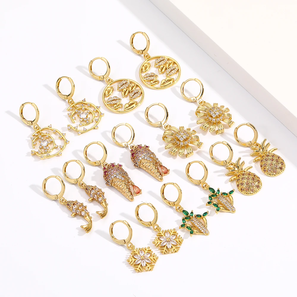 

Popular Sunflower Cactus Plant Hoop Earrings for Women Cute Jewelry Copper Cartoon Earring with Colorful Zircon 귀걸이