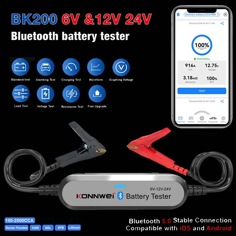 

KONNWEI BK200 Bluetooth 5,0 6 В 12 В 24 В тестер автомобильного аккумулятора для грузовиков монитор формы волны 100-2000 CCA зарядка инструменты для тестирования кран