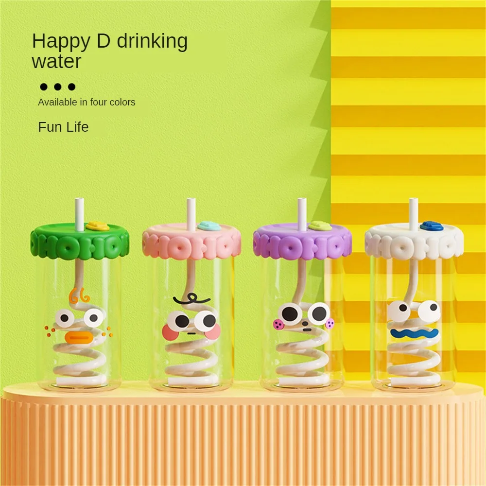 

Summer Creative Water Cup With Straw Glass Cup Cartoon Girl High Beauty Milk Tea Cup Couple Household Juice Straw Cup With Lid