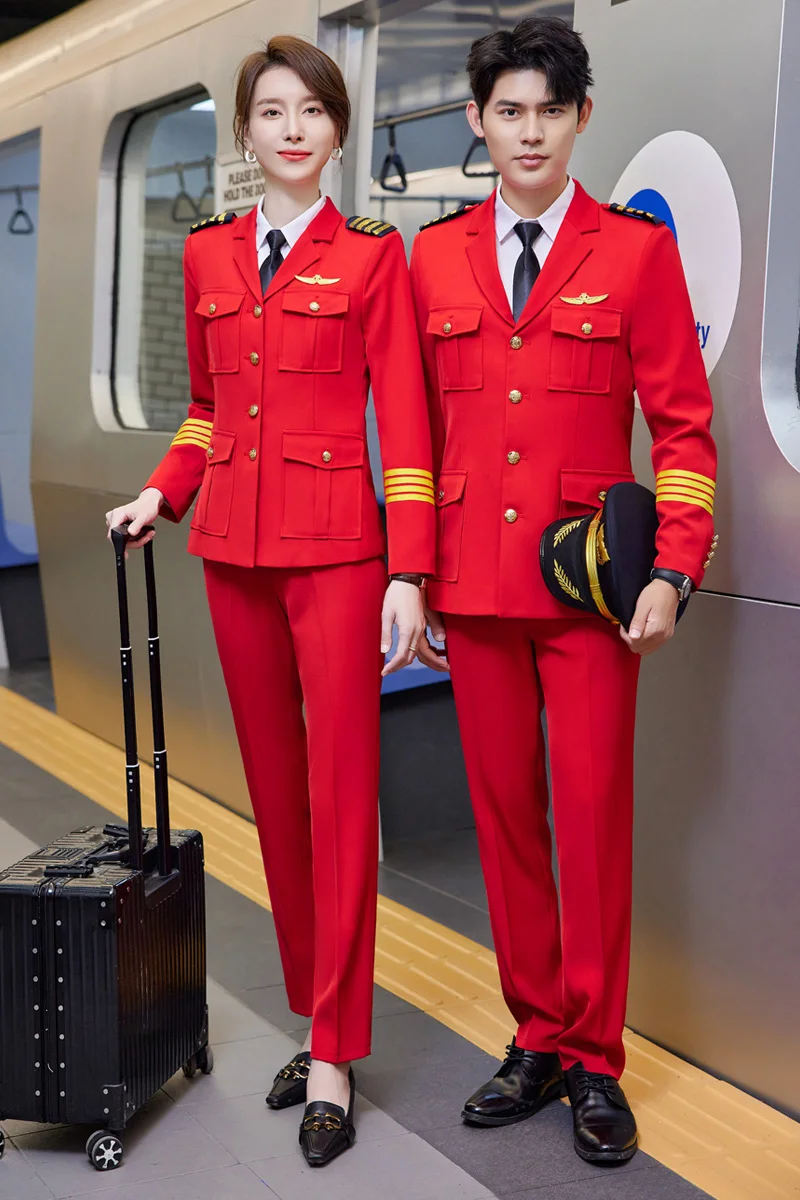 Red high-speed railway stewardess captain uniform, male and female same drum band performance uniform, hotel KTV security work s