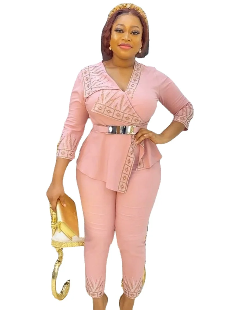 

2 Piece Set Women Clothes Dashiki Diamond African Tops And Pants Trousers Suits 2022 Big Size Party Clothing For Lady Outfits