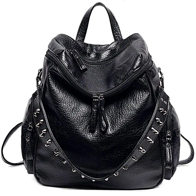 

Women Backpack Purse 3 Ways PU Washed Leather Rivet Studded Ladies Rucksack Shoulder Bag