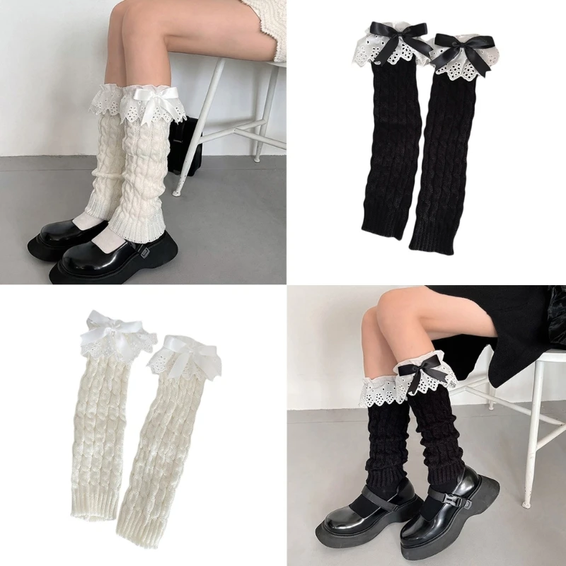 

Women Autumn Ruffled Lace Bowknot Leg Warmers Japanese Twist Cable Knitted Foot Covers Student Stretch Calf Socks