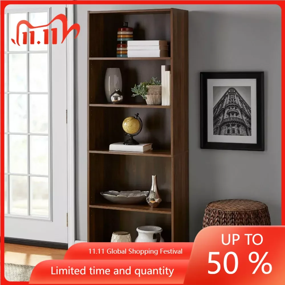 

Книжный шкаф с 5 полками и регулируемыми полками, из ореха