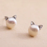 classic s925 sterling silver cat ears with pearl stud earrings european and american ladies fashion jewelry couple cute gift