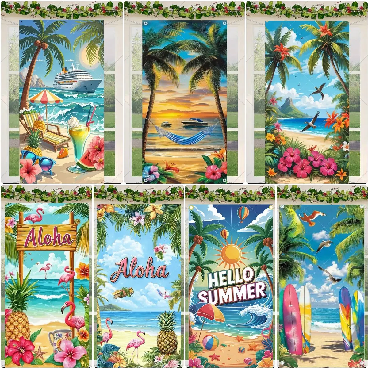 Фото Тропический декор Aloha: Флаг-панно для двери, гавайская пальма, фламинго, пляжная тематика, украшение для дня рождения, плакат для фотозоны №1