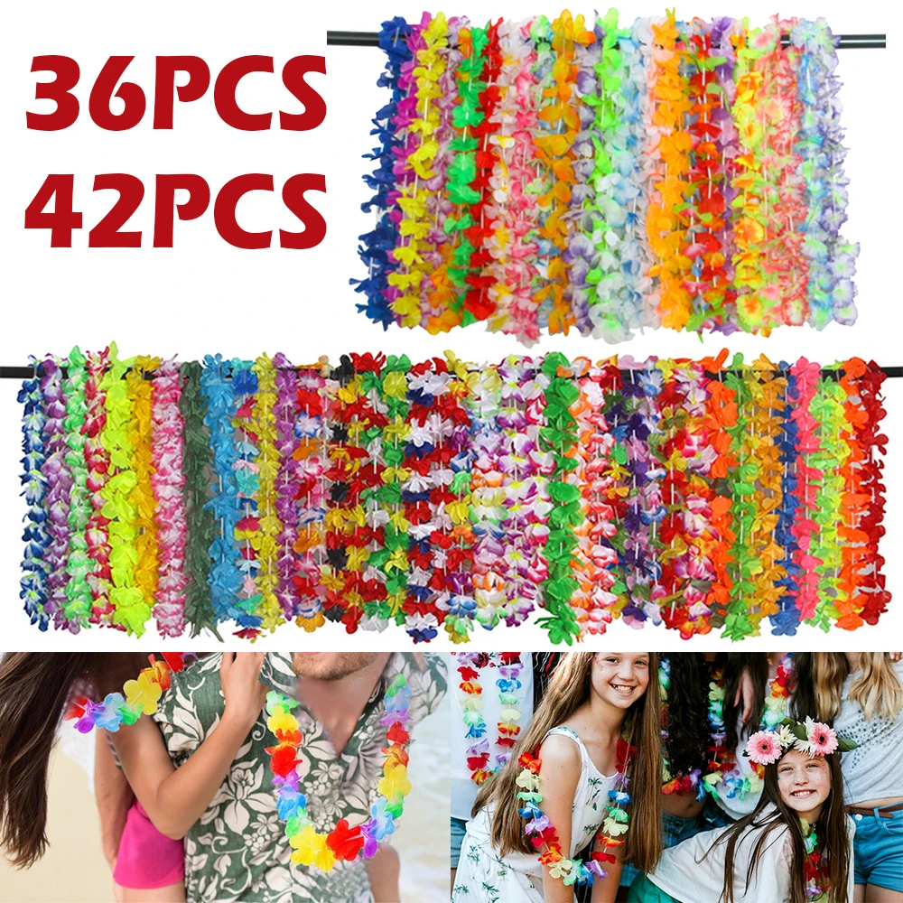 

36/42 Pcs Hawaiian Leis Necklace Tropical Flower Necklace with 36 Colors Tropical Luau Party Favors Hawaiian Rainbow Garlands