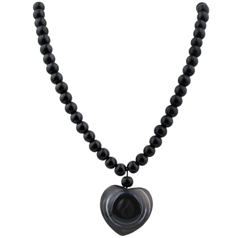 

TUMBEELLUWA Natural Black Onyx Heaven Eye Heart Gem Stone Pendant Elastic Chain Beaded Necklace For Lover