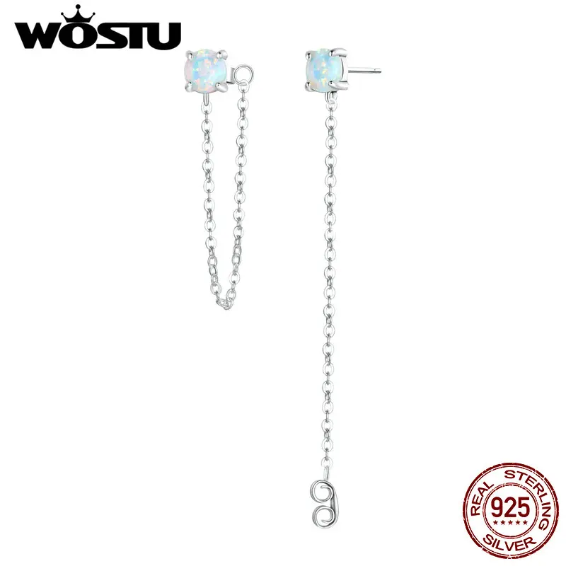 

WOSTU 925 Sterling Silver Colorful Fire Opal Long Tassel Earrings For Women Chain Link Studs Female Fine Jewelry Gift BNE637