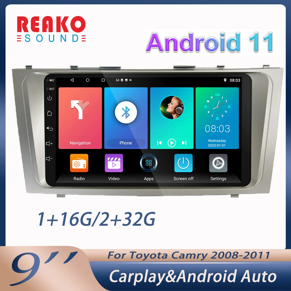 

REAKOSOUND Android 11 9'' HD carplay Car Multimedia Player GPS Navigation Audio WIFI Player For Toyota Camry 2008-2011