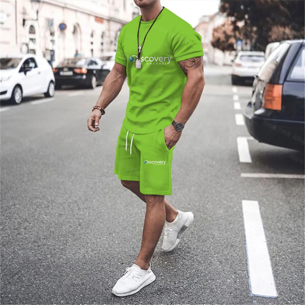 Men's Alphabet Discovery Personality Print O Neck Short Sleeve Drawstring Shorts Two Piece Fashion Casual Sports Suit Plus Size