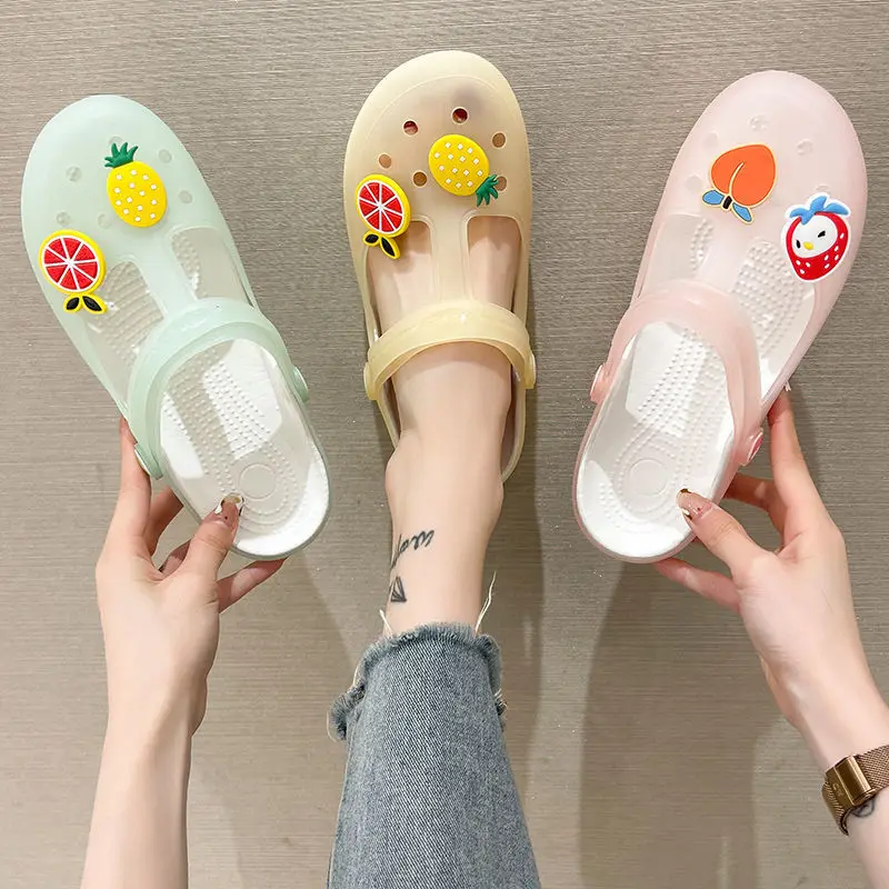 

Hot Women Jelly shoes Summer Flat Non Slip platform Beach Slippers DIY clogs Slides charms Sandals Sole sandalias de las mujeres