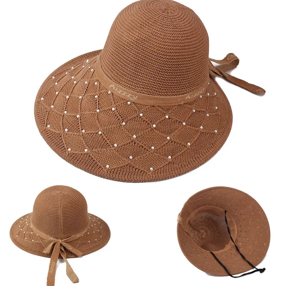 

Bowknot pearl Beach Panama Wide Brim Sunhat Straw Hat Sun Hat Summer Cap